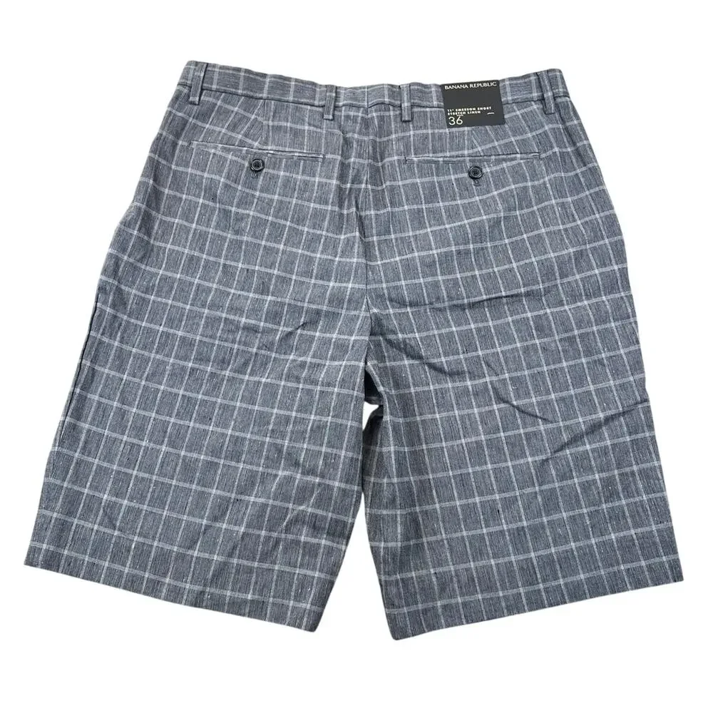 NWT Banana Republic Emerson 11” Plaid Linen Blend Shorts Gray Size 36